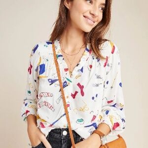 Anthropologie Maeve Marisol Ruffled Blouse "Snow Day" US 8